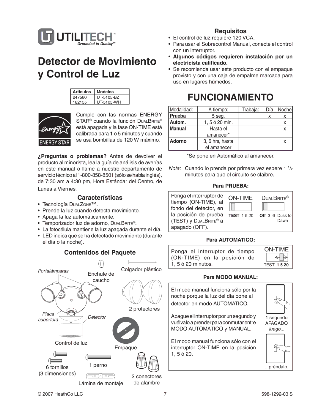 Heath Zenith UT-5105-WH, UT-5105-BZ Funcionamiento, Características, Contenidos del Paquete, Requisitos 