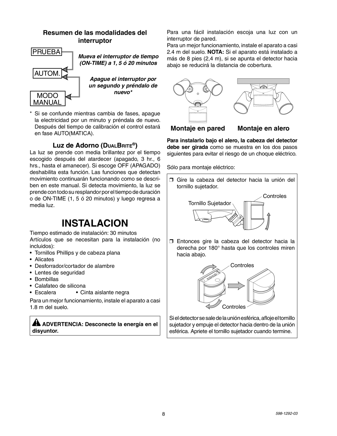 Heath Zenith UT-5105-BZ, UT-5105-WH Instalacion, Resumen de las modalidades del Interruptor, Luz de Adorno DualBrite 