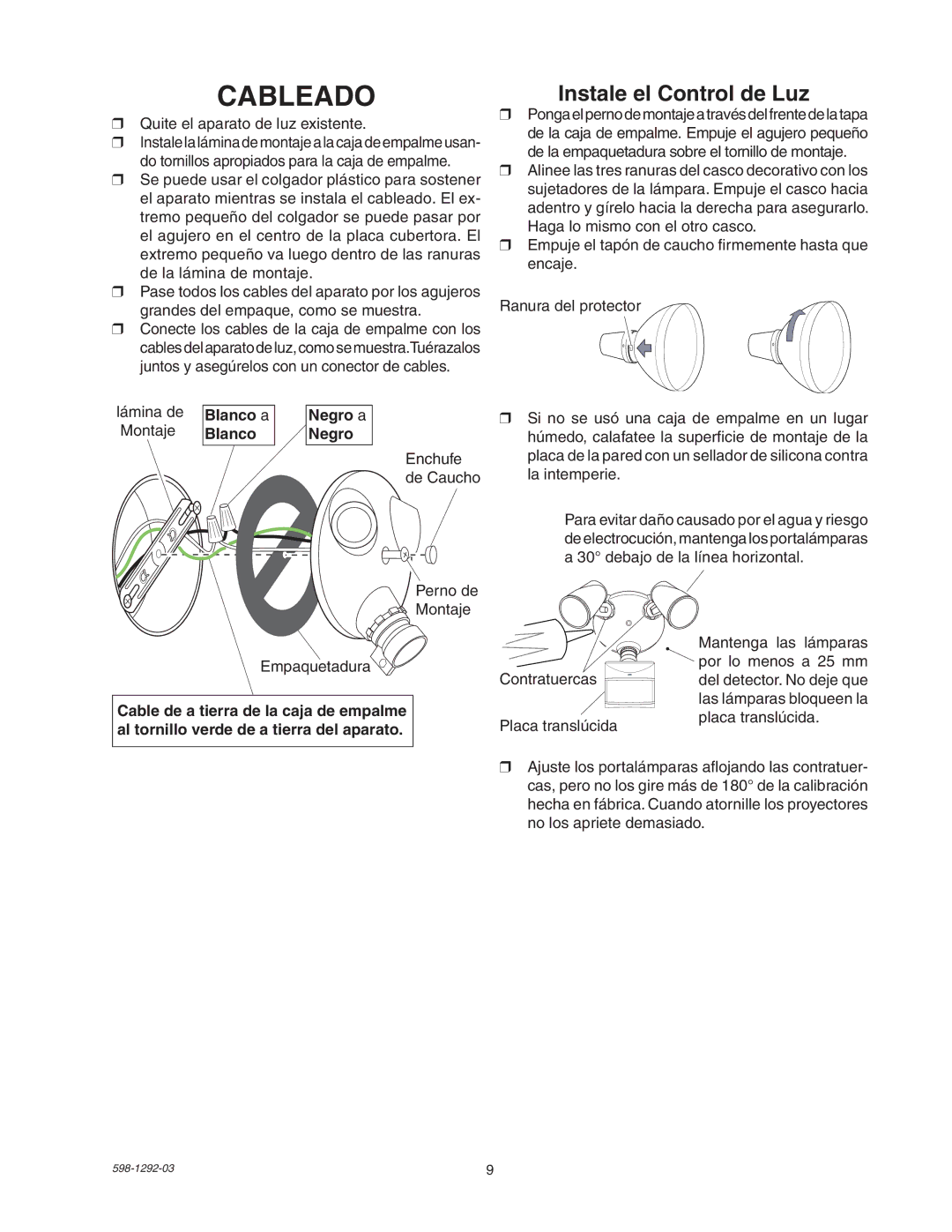 Heath Zenith UT-5105-WH, UT-5105-BZ package contents manual Cableado, Lámina de Blanco a Negro a Montaje 