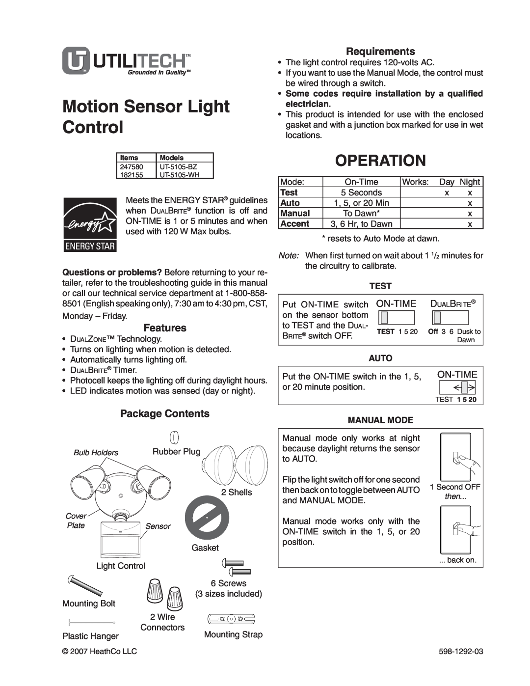 Heath Zenith UT-5105-WH, UT-5105-BZ package contents manual Motion Sensor Light Control, Operation, On-Time, Rubber Plug 
