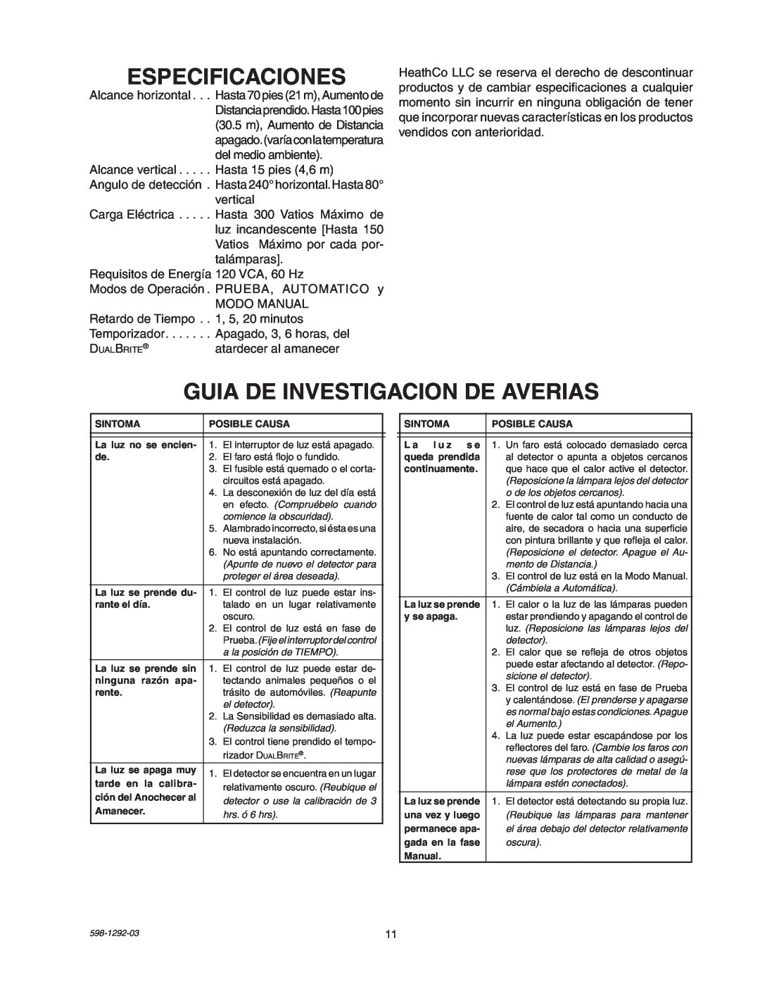 Heath Zenith UT-5105-WH, UT-5105-BZ package contents manual Especificaciones, Guia De Investigacion De Averias 