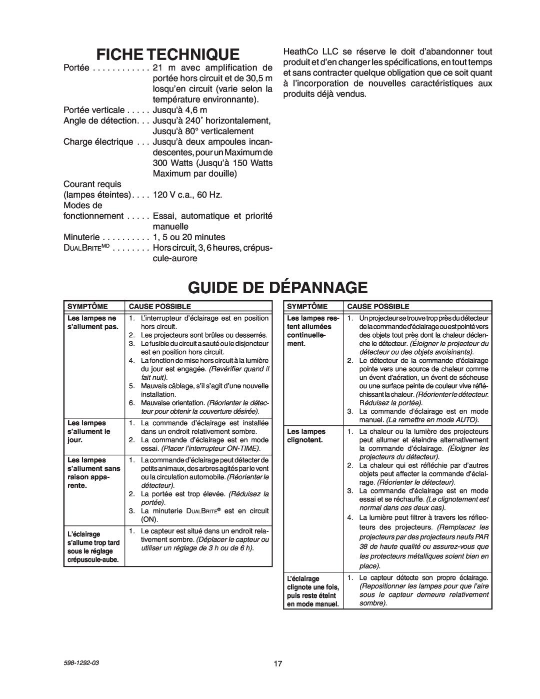 Heath Zenith UT-5105-WH, UT-5105-BZ package contents manual Fiche Technique, Guide De Dépannage 
