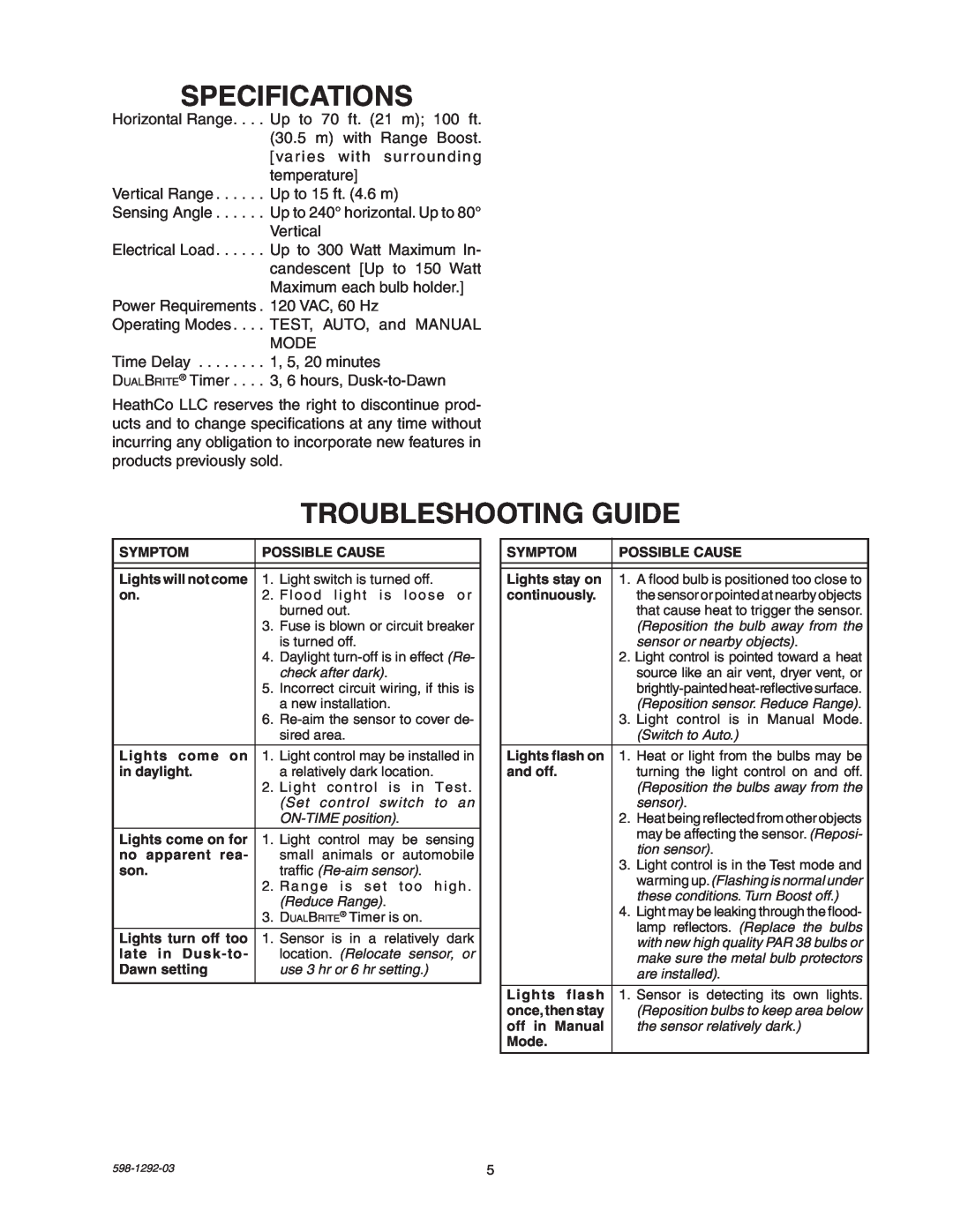 Heath Zenith UT-5105-WH, UT-5105-BZ package contents manual Specifications, Troubleshooting Guide 