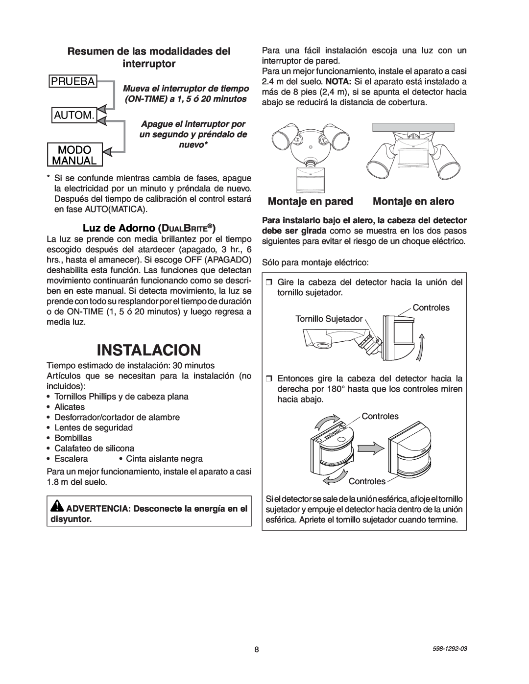 Heath Zenith UT-5105-BZ, UT-5105-WH package contents manual Instalacion, Prueba, Autom, Modo, Manual 