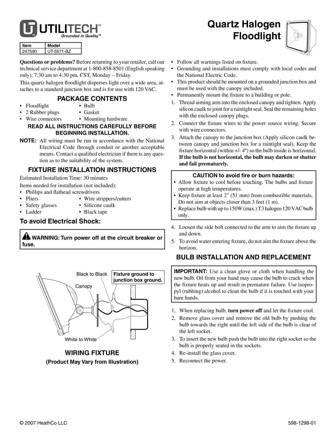 Heath Zenith UT-5571-BZ installation instructions Quartz Halogen Floodlight, Package Contents, Wiring Fixture 