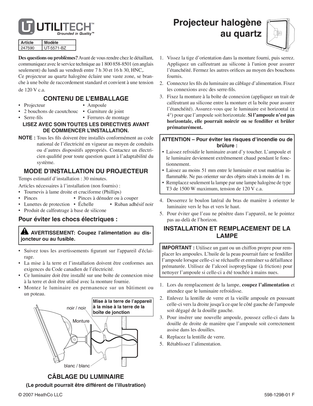 Heath Zenith UT-5571-BZ Projecteur halogène au quartz, Contenu DE L’EMBALLAGE, Mode D’INSTALLATION DU Projecteur 