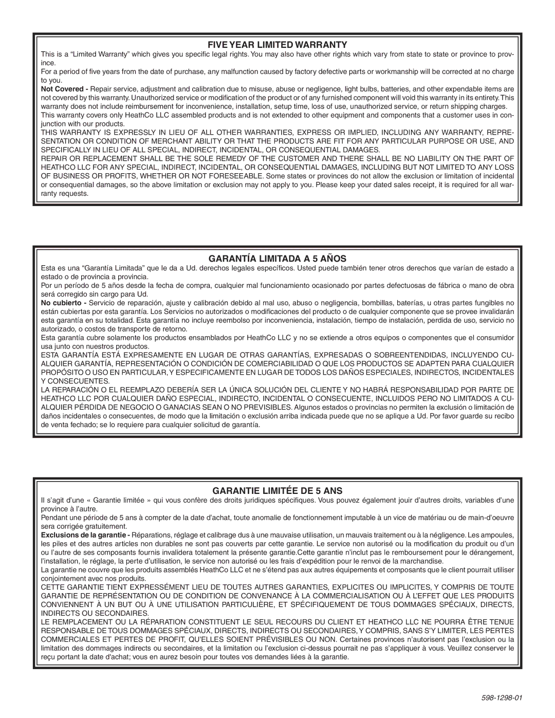 Heath Zenith UT-5571-BZ installation instructions Five Year Limited Warranty 