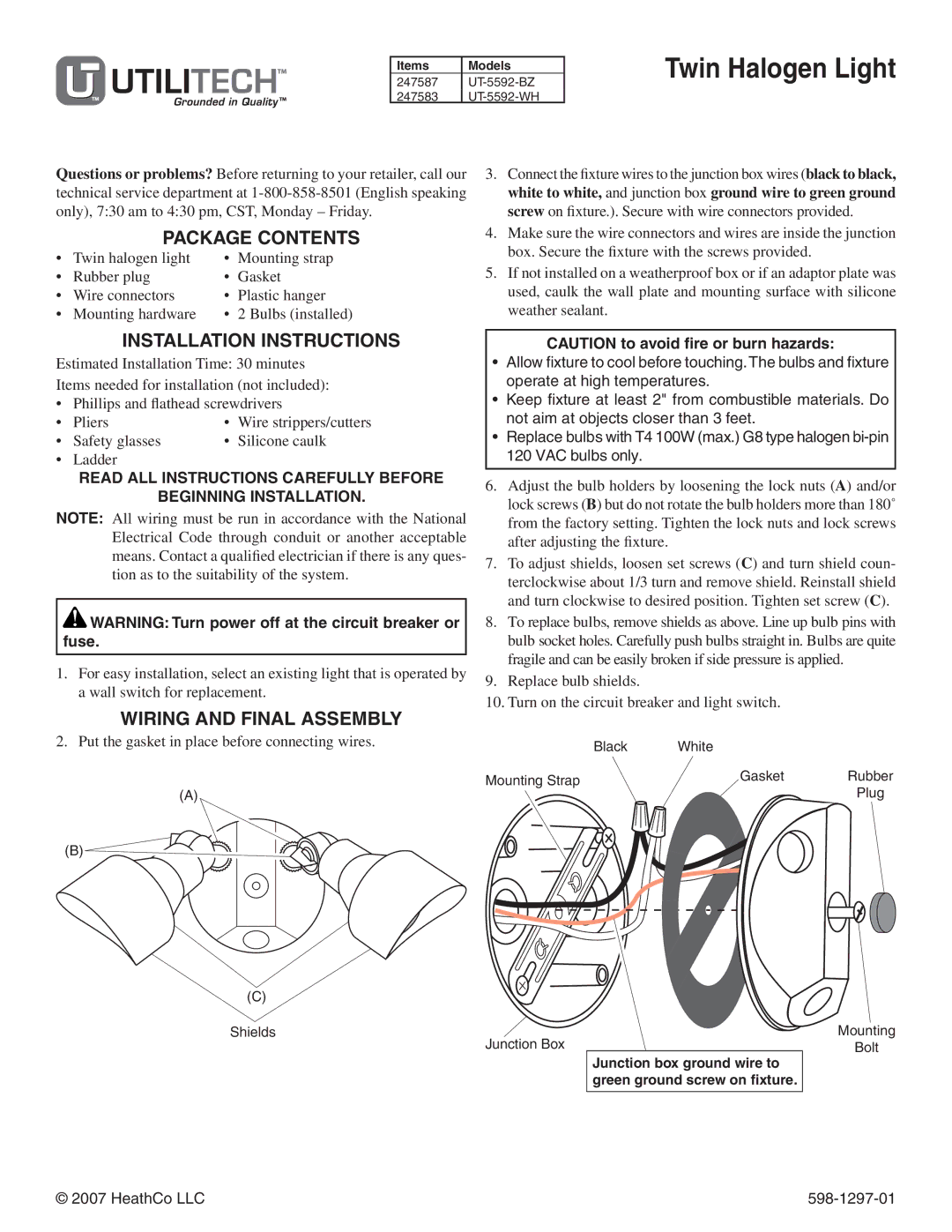 Heath Zenith UT-5592-WH installation instructions Twin Halogen Light, Package Contents, Installation Instructions 