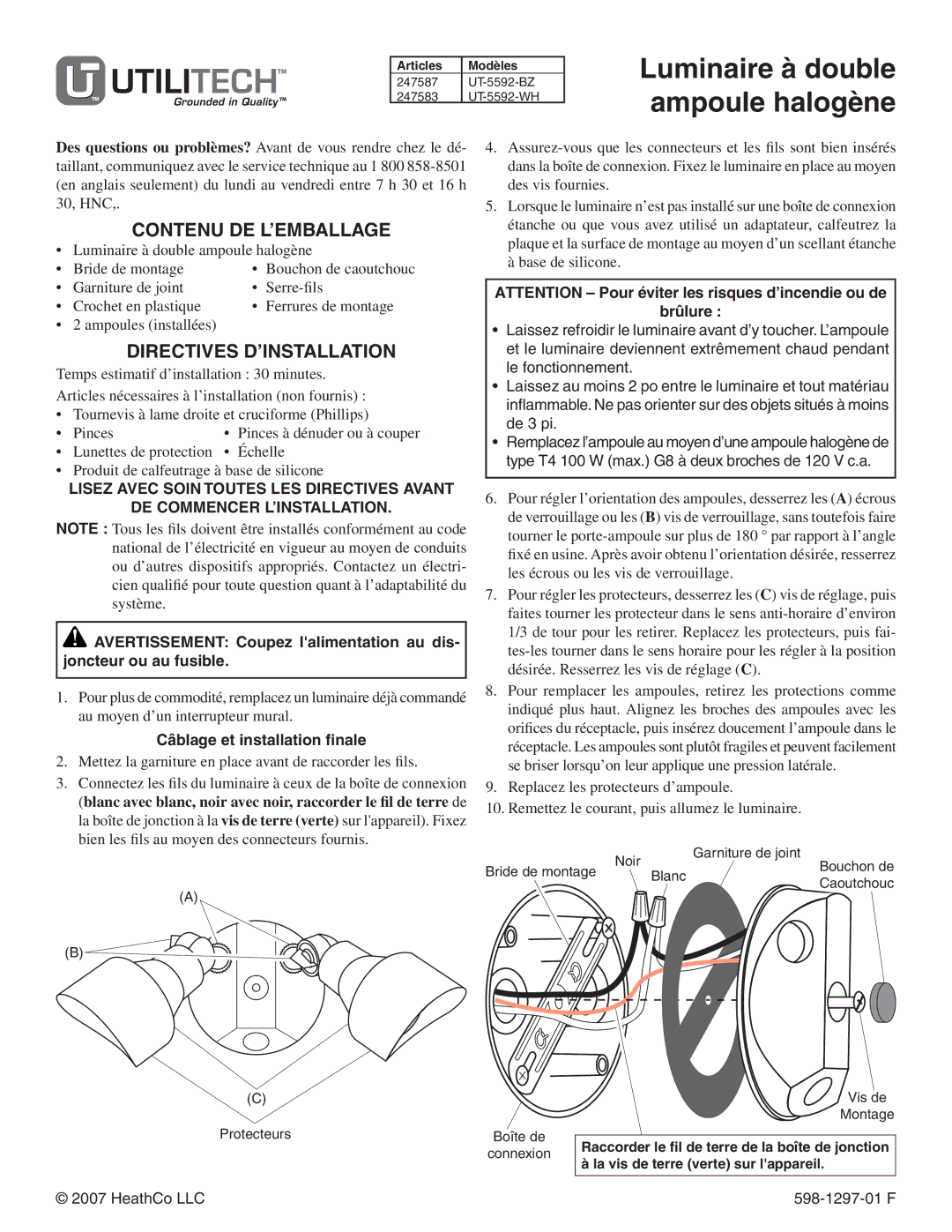 Heath Zenith UT-5592-WH Luminaire à double ampoule halogène, Contenu de l’emballage, Directives d’installation, Brûlure 