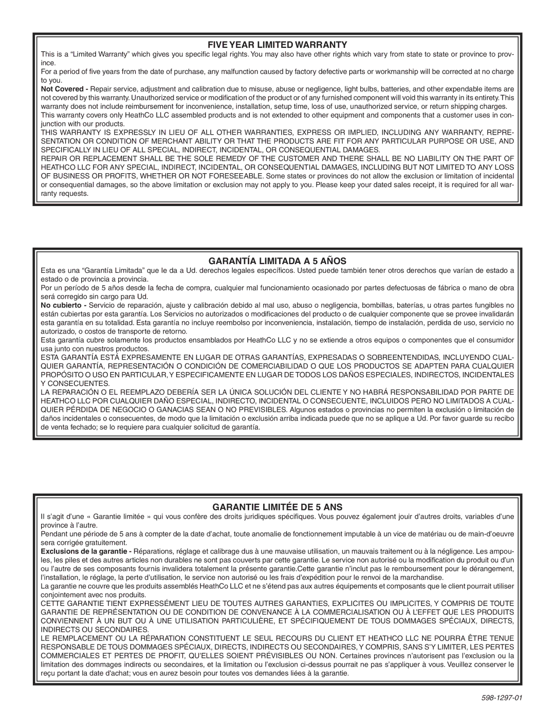 Heath Zenith UT-5592-BZ, UT-5592-WH installation instructions Five Year Limited Warranty 