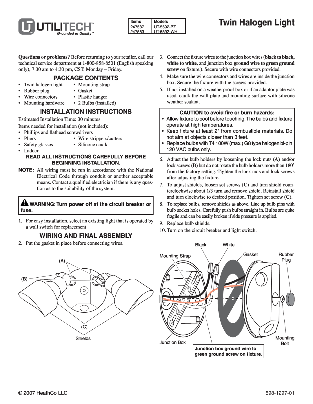 Heath Zenith UT-5592-WH installation instructions Twin Halogen Light, Package Contents, Installation Instructions 