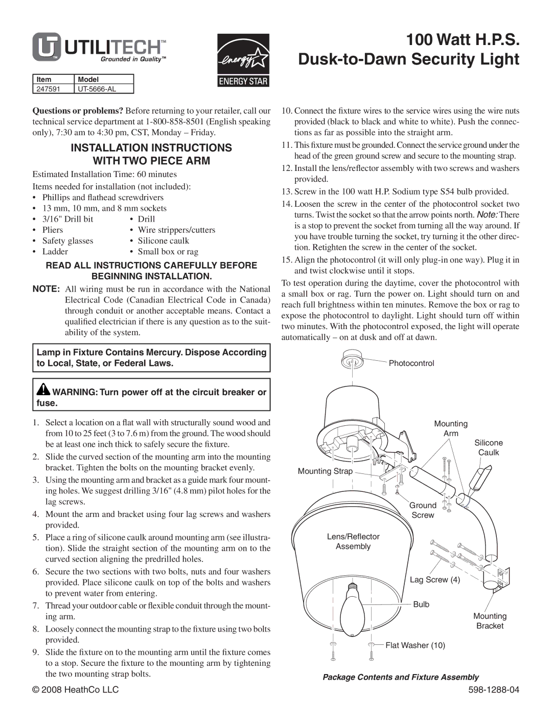 Heath Zenith UT-5666-AL installation instructions Watt H.P.S Dusk-to-Dawn Security Light, HeathCo LLC 598-1288-04 