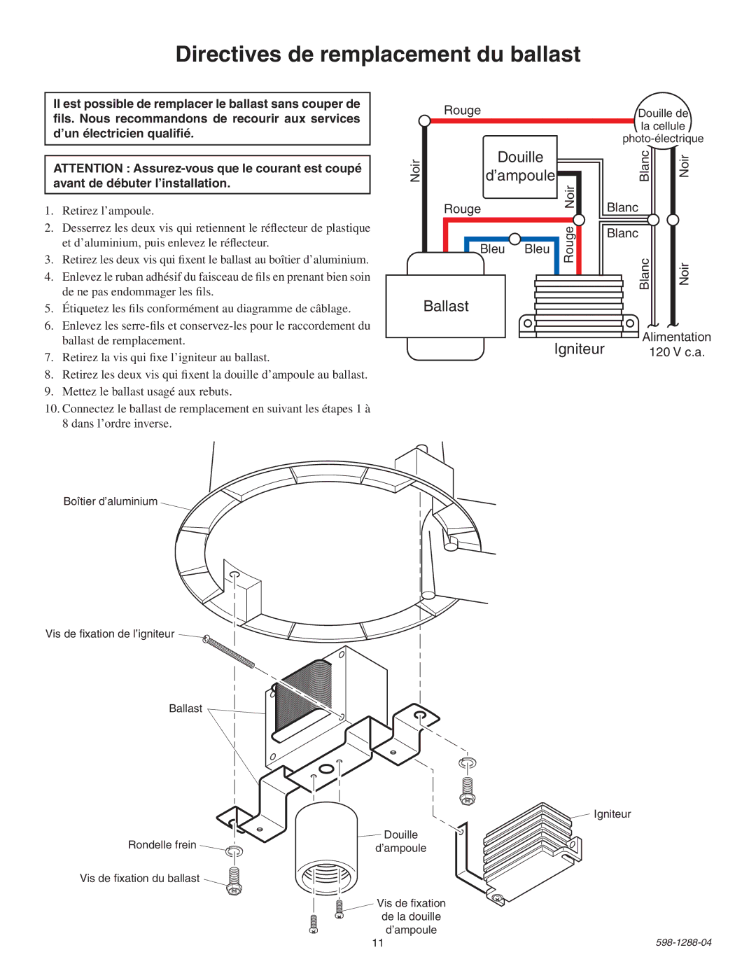 Heath Zenith UT-5666-AL installation instructions Directives de remplacement du ballast, Alimentation, 120 V c.a 