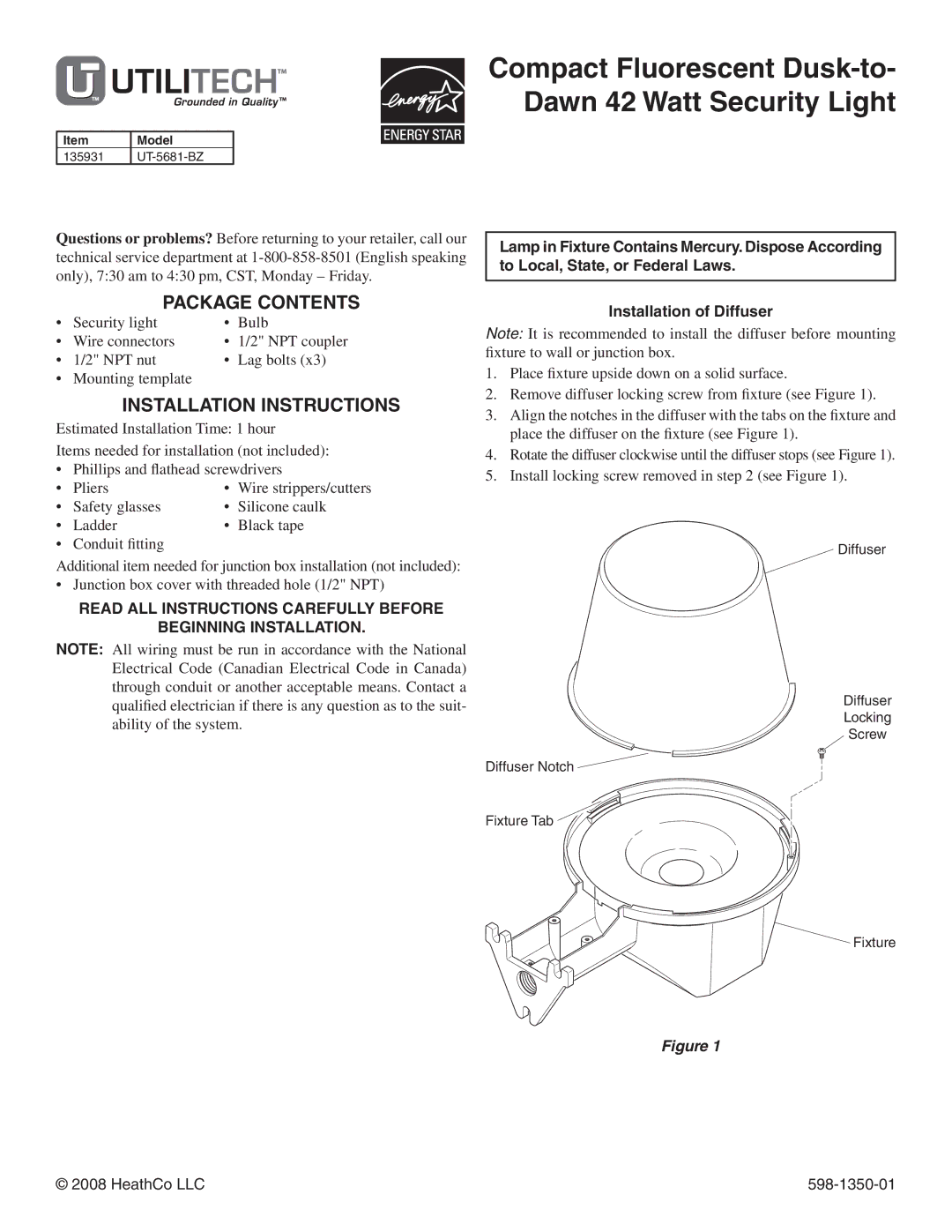 Heath Zenith UT-5681-BZ installation instructions Package Contents, Installation Instructions 