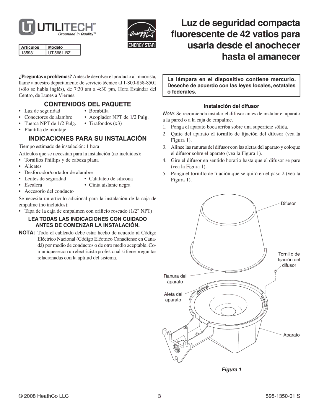 Heath Zenith UT-5681-BZ installation instructions Contenidos DEL Paquete, Indicaciones Para SU Instalación 