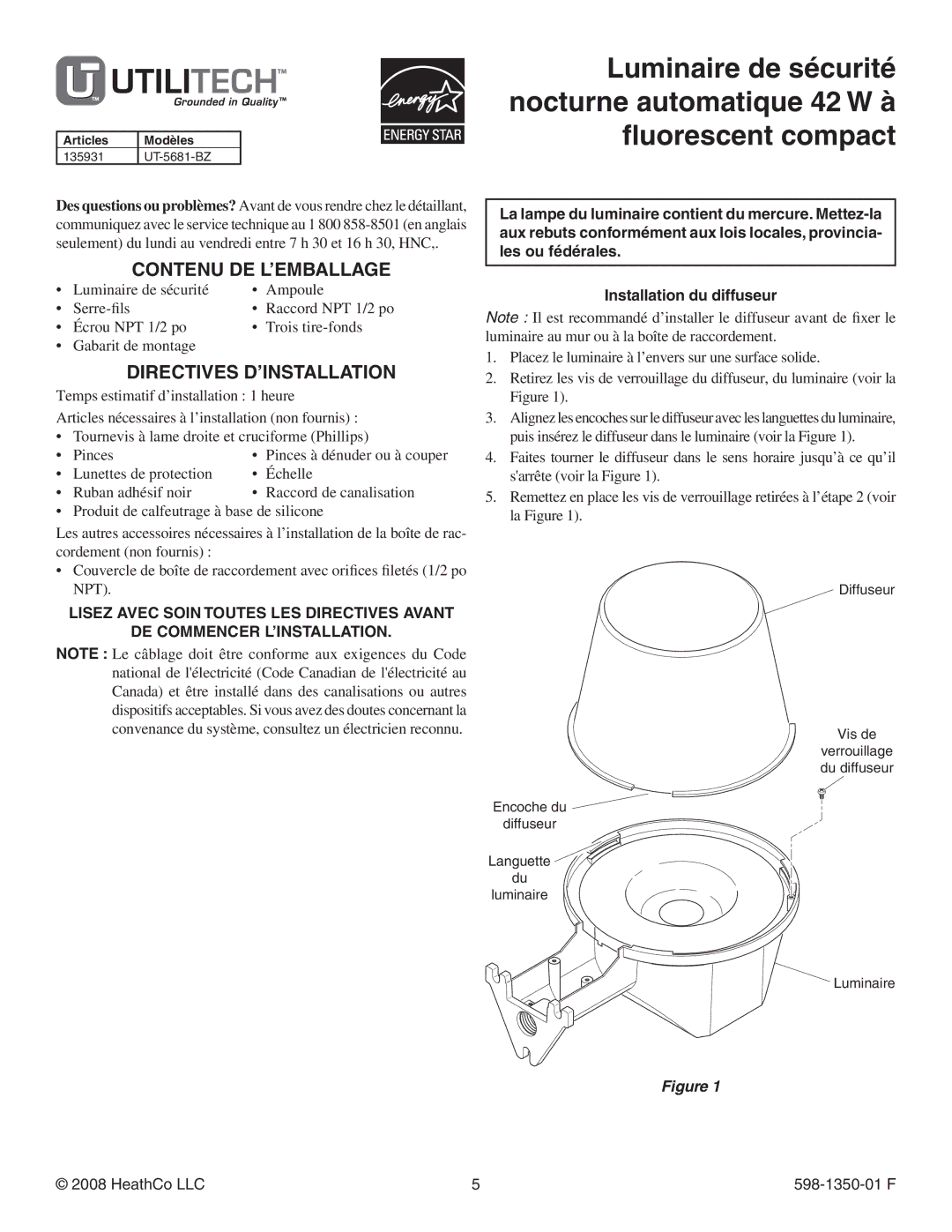 Heath Zenith UT-5681-BZ installation instructions Contenu DE L’EMBALLAGE, Directives D’INSTALLATION 