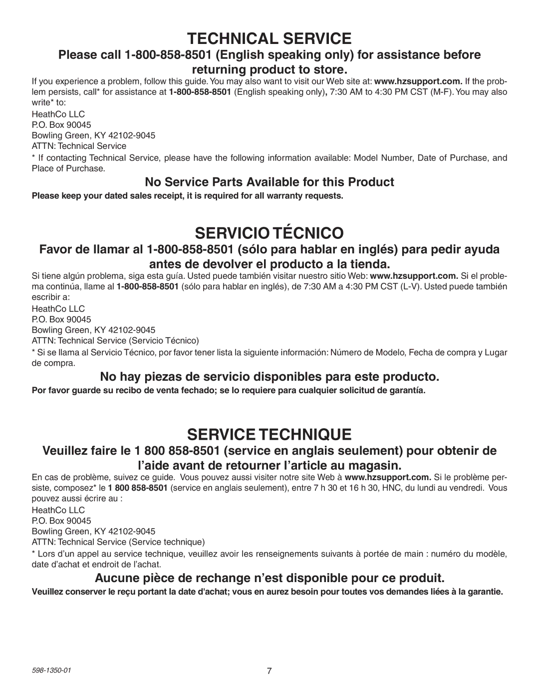 Heath Zenith UT-5681-BZ installation instructions Technical Service 