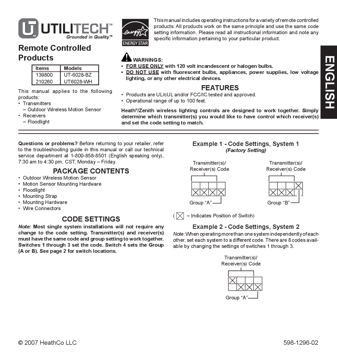 Heath Zenith UT6028-WH, UT-6028-BZ operating instructions Features, Package Contents, Code Settings 