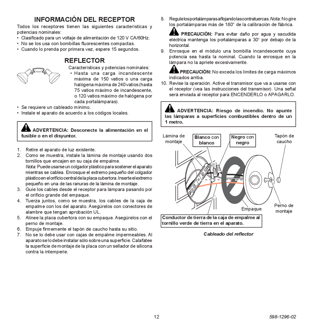 Heath Zenith UT-6028-BZ, UT6028-WH operating instructions Información DEL Receptor, Reflector, Negro, Cableado del reflector 