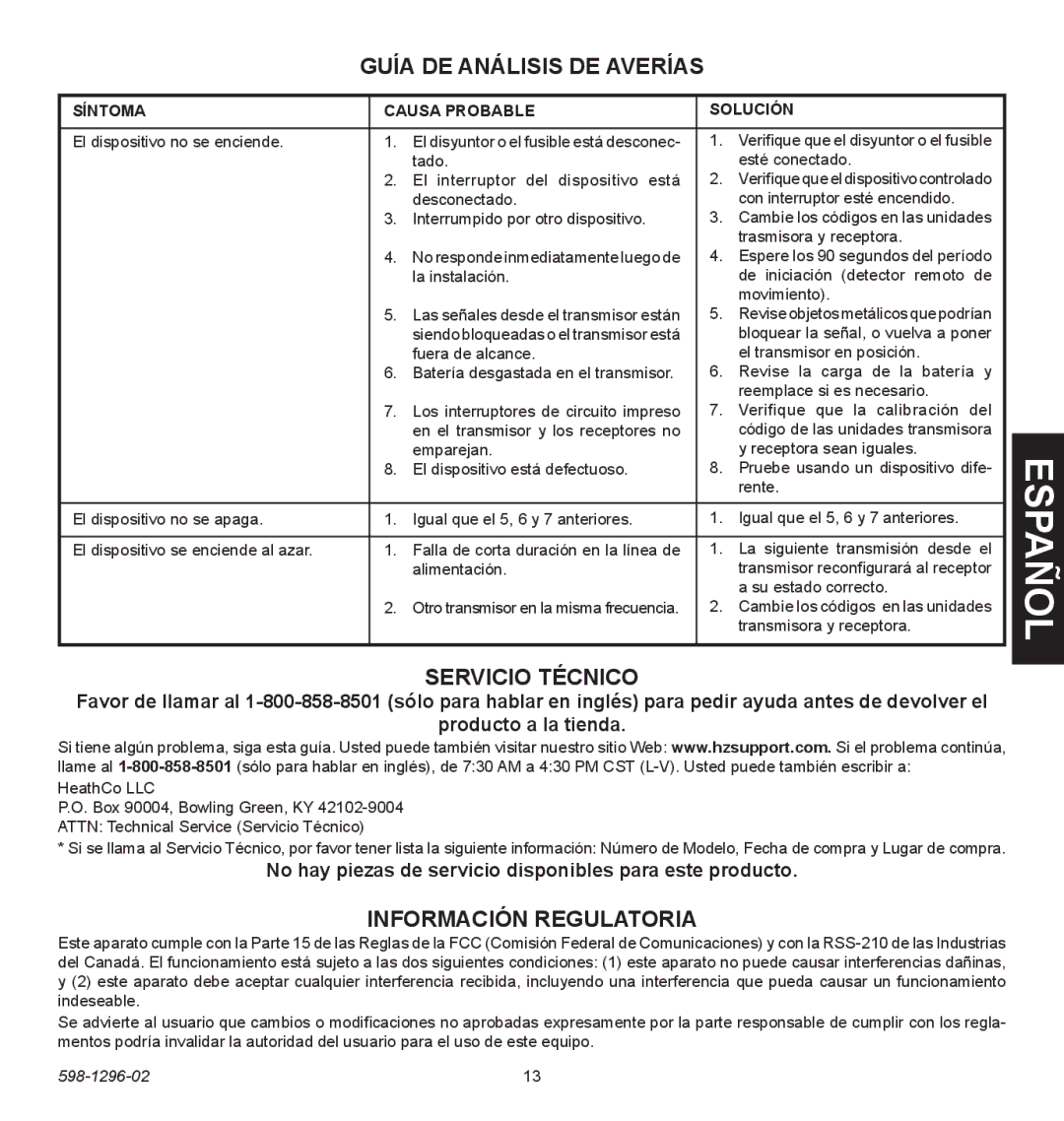 Heath Zenith UT6028-WH, UT-6028-BZ Guía de Análisis de Averías, Servicio Técnico, Información Regulatoria 