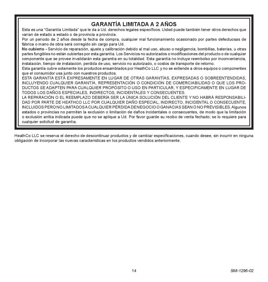 Heath Zenith UT-6028-BZ, UT6028-WH operating instructions Garantía Limitada a 2 Años 