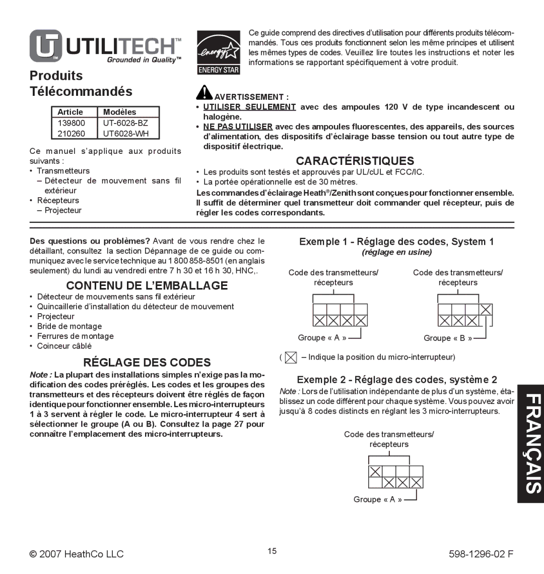 Heath Zenith UT6028-WH Caractéristiques, Contenu de l’emballage, Réglage DES Codes, Exemple 1 Réglage des codes, System 