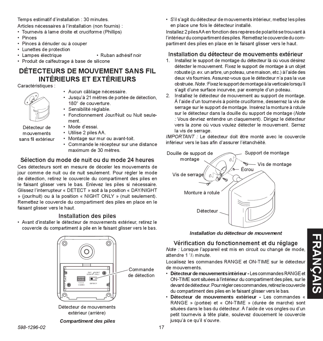 Heath Zenith UT6028-WH, UT-6028-BZ Détecteurs DE Mouvement Sans FIL Intérieurs ET Extérieurs, Installation des piles 