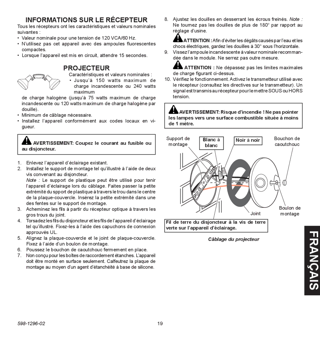 Heath Zenith UT6028-WH, UT-6028-BZ Informations SUR LE Récepteur, Projecteur, Noir à noir, Câblage du projecteur 