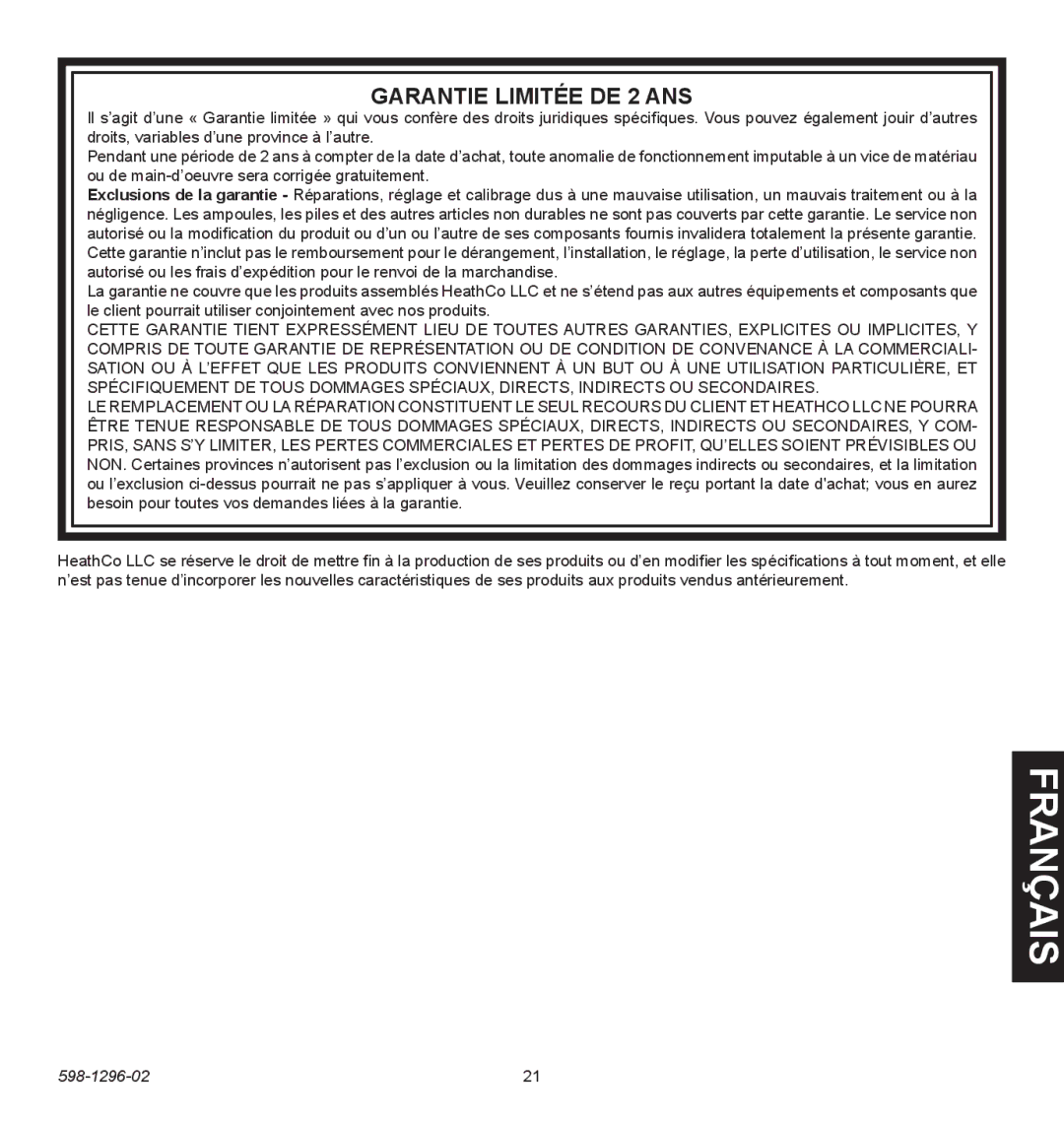 Heath Zenith UT6028-WH, UT-6028-BZ operating instructions Garantie Limitée DE 2 ANS 