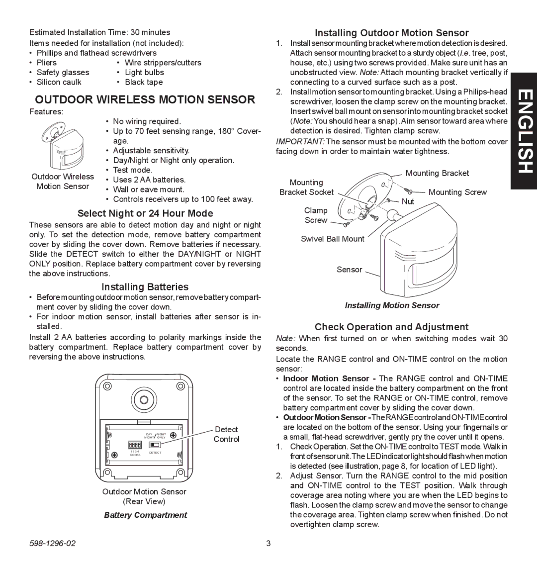 Heath Zenith UT6028-WH, UT-6028-BZ Outdoor Wireless Motion Sensor, Select Night or 24 Hour Mode, Installing Batteries 