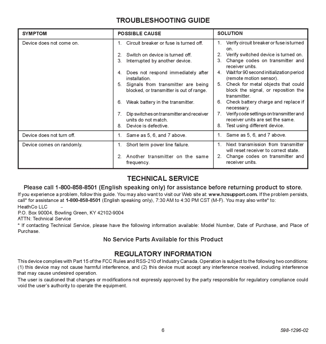 Heath Zenith UT-6028-BZ Troubleshooting Guide, Technical Service, Regulatory Information, Symptom Possible Cause Solution 