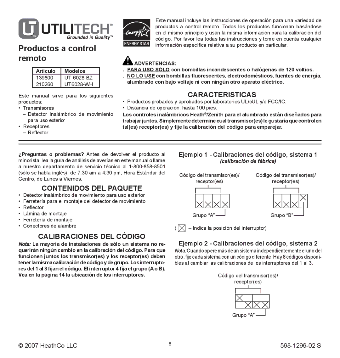 Heath Zenith UT-6028-BZ, UT6028-WH operating instructions Caracteristicas, Contenidos del Paquete, Calibraciones DEL Código 