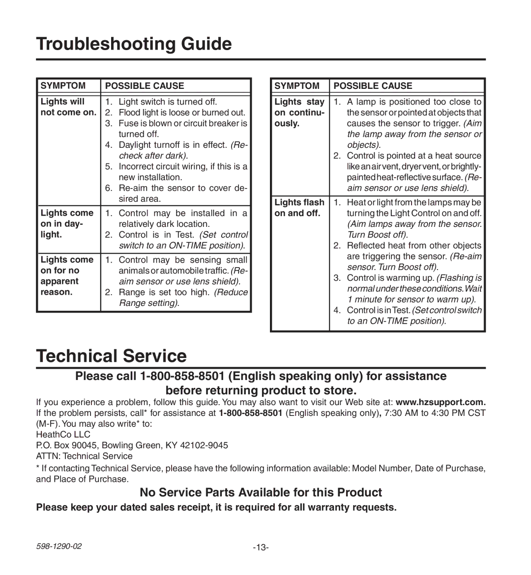 Heath Zenith UT-9250-WH, UT-9250-BZ Troubleshooting Guide, Technical Service, No Service Parts Available for this Product 