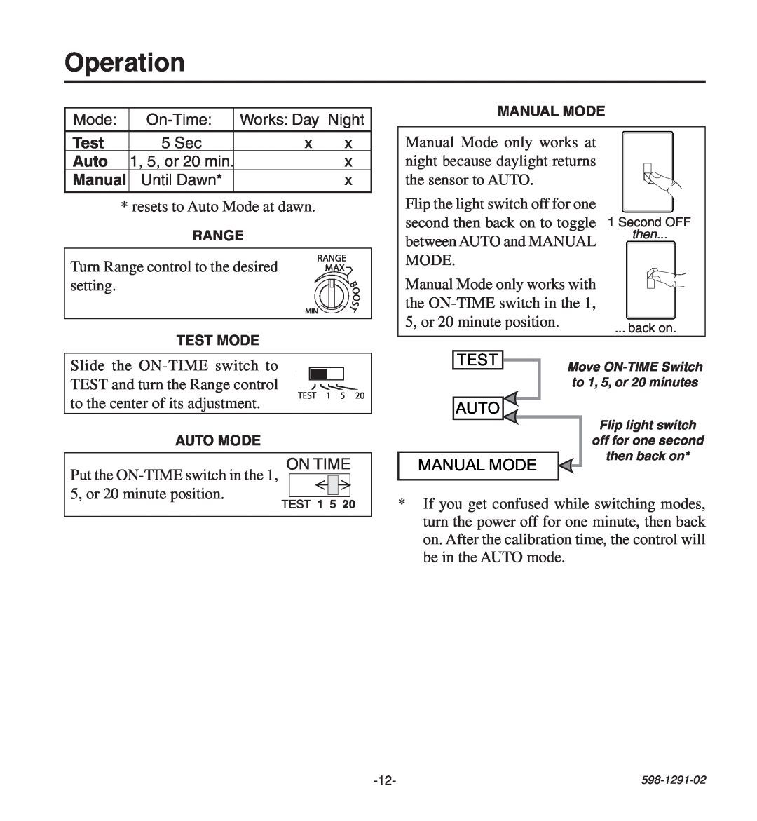 Heath Zenith UT-9260-WH, UT-9260-BZ manual Operation, Test, Auto, Manual Mode 