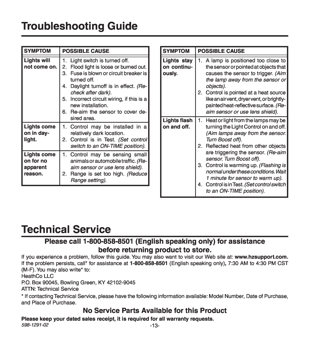 Heath Zenith UT-9260-BZ Troubleshooting Guide, Technical Service, Symptom, Possible Cause, Lights will, not come on, light 