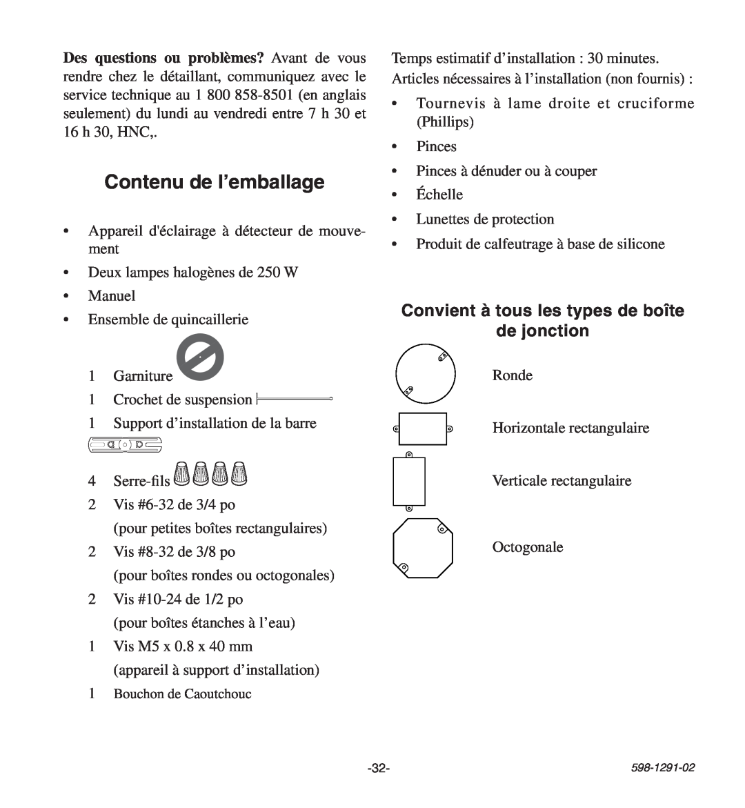 Heath Zenith UT-9260-WH, UT-9260-BZ manual Contenu de l’emballage, Convient à tous les types de boîte de jonction 