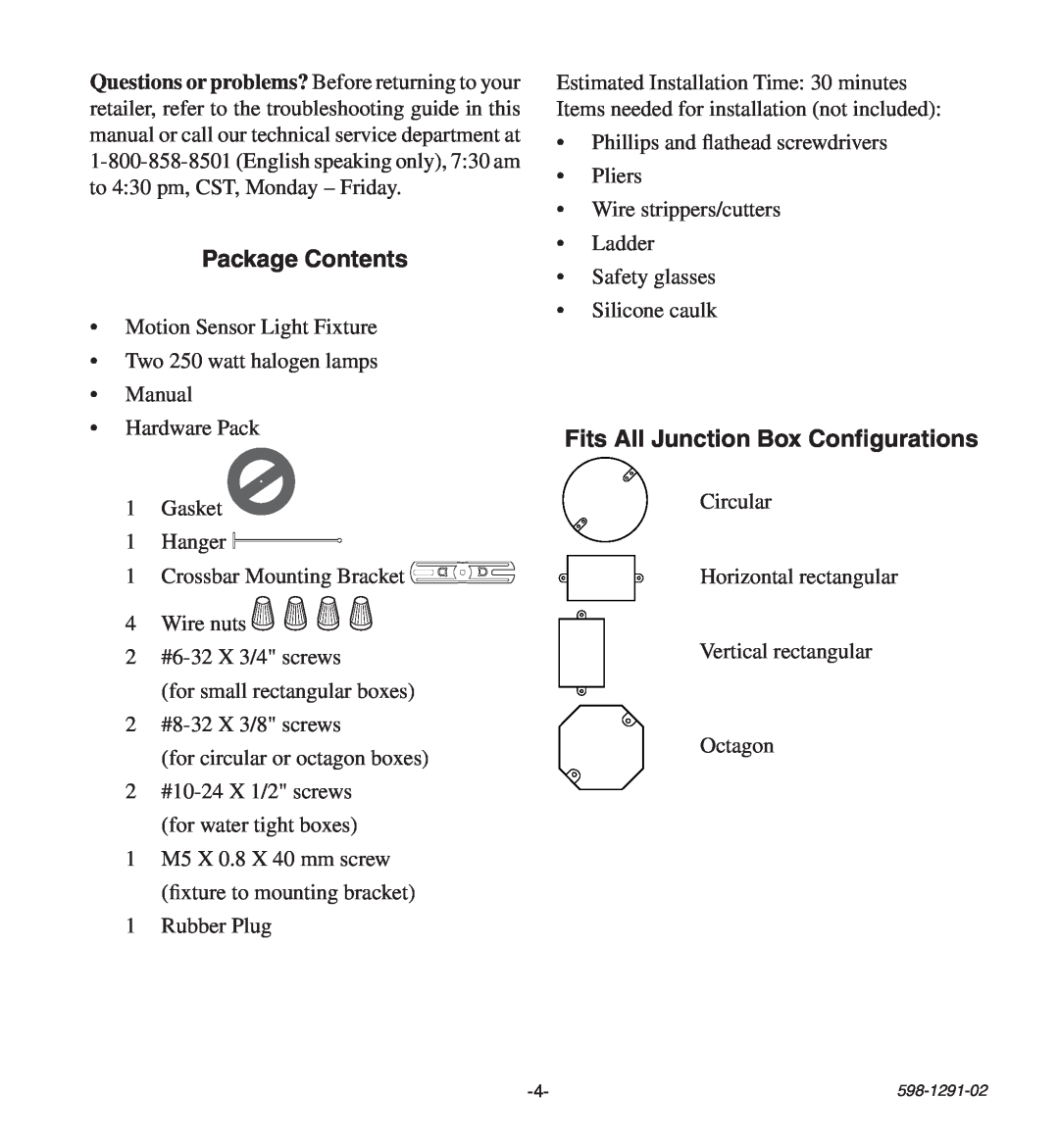 Heath Zenith UT-9260-WH, UT-9260-BZ manual Package Contents, Fits All Junction Box Configurations 