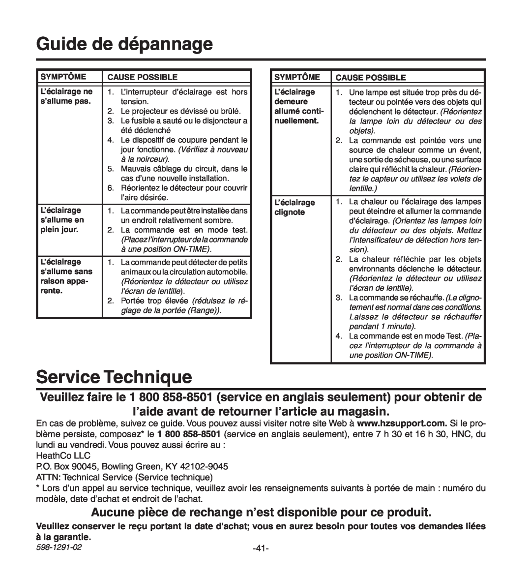Heath Zenith UT-9260-BZ, UT-9260-WH manual Guide de dépannage, Service Technique 