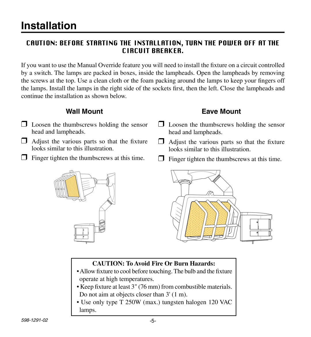 Heath Zenith UT-9260-BZ Installation, Wall Mount, Eave Mount, circuit breaker, CAUTION: To Avoid Fire Or Burn Hazards 