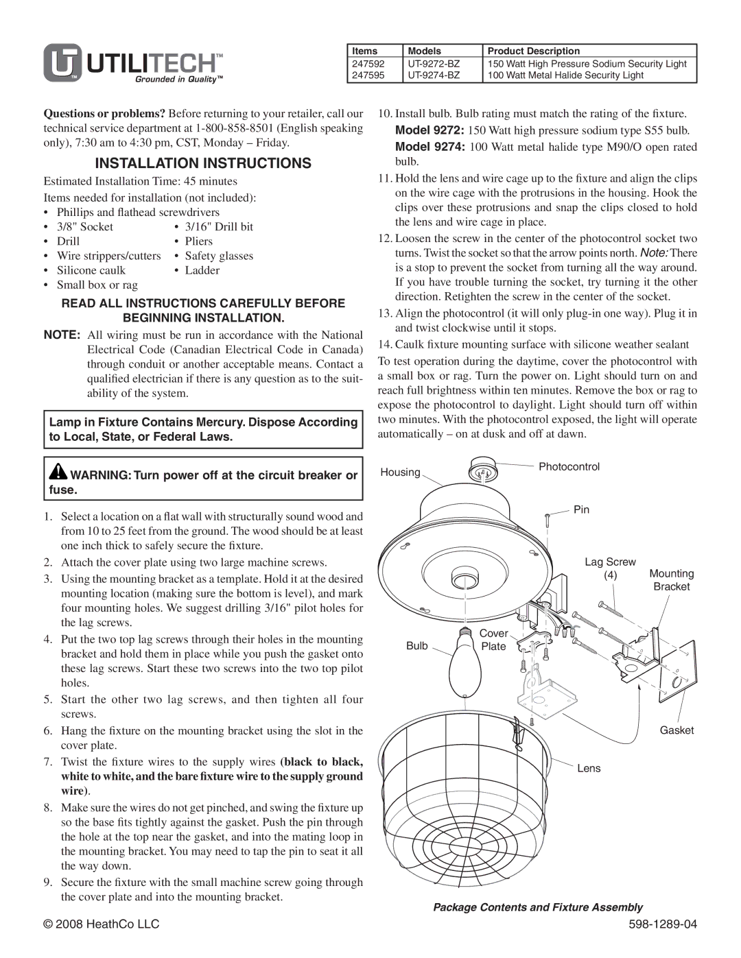 Heath Zenith UT-9272-BZ, UT-9274-BZ installation instructions Installation Instructions, Items Models Product Description 