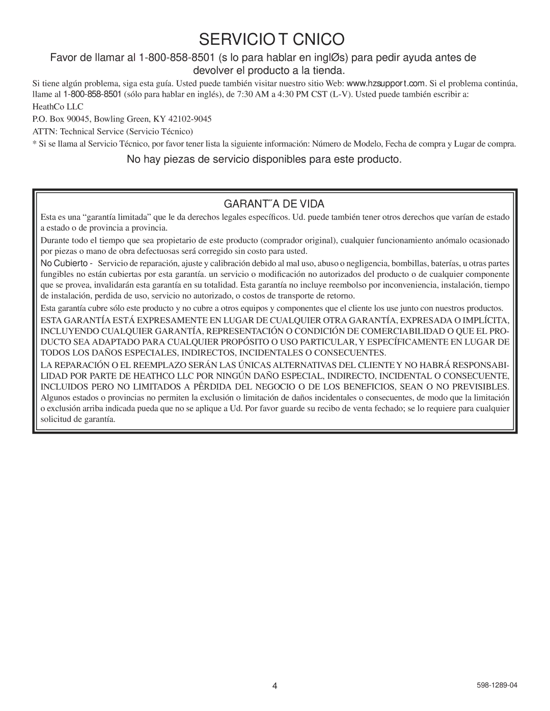 Heath Zenith UT-9274-BZ, UT-9272-BZ installation instructions Servicio Técnico, Garantía DE Vida 