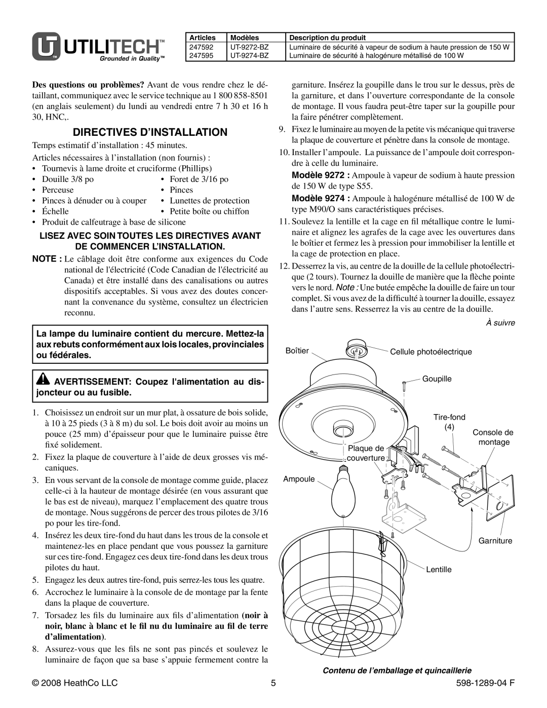 Heath Zenith UT-9272-BZ, UT-9274-BZ Directives D’INSTALLATION, Articles Modèles Description du produit 