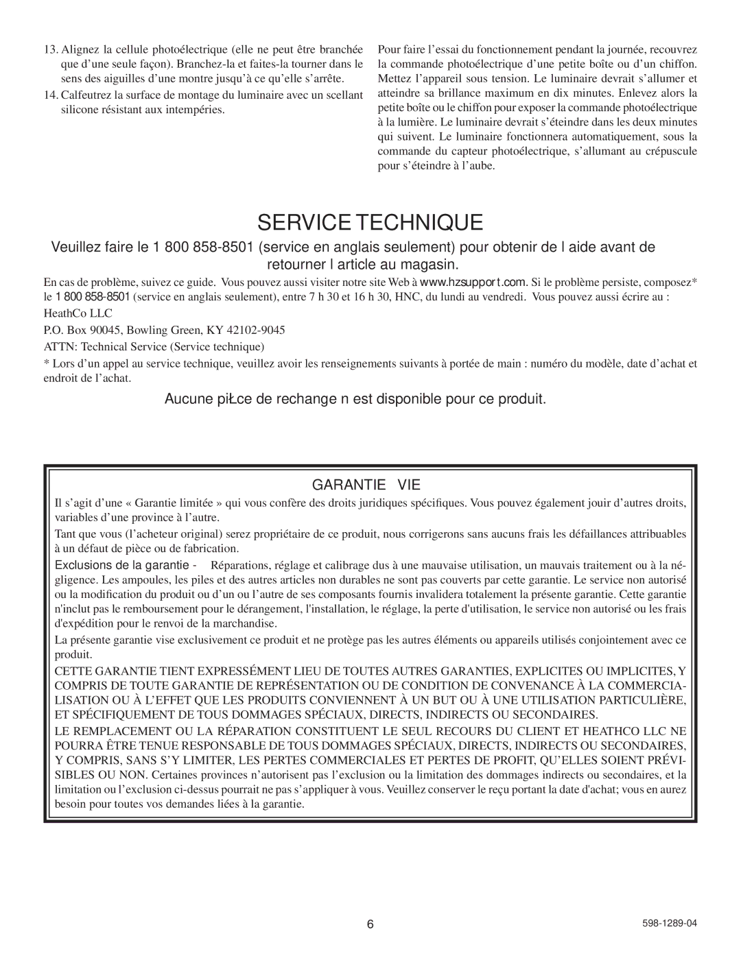 Heath Zenith UT-9274-BZ, UT-9272-BZ installation instructions Service Technique, Garantie À VIE 