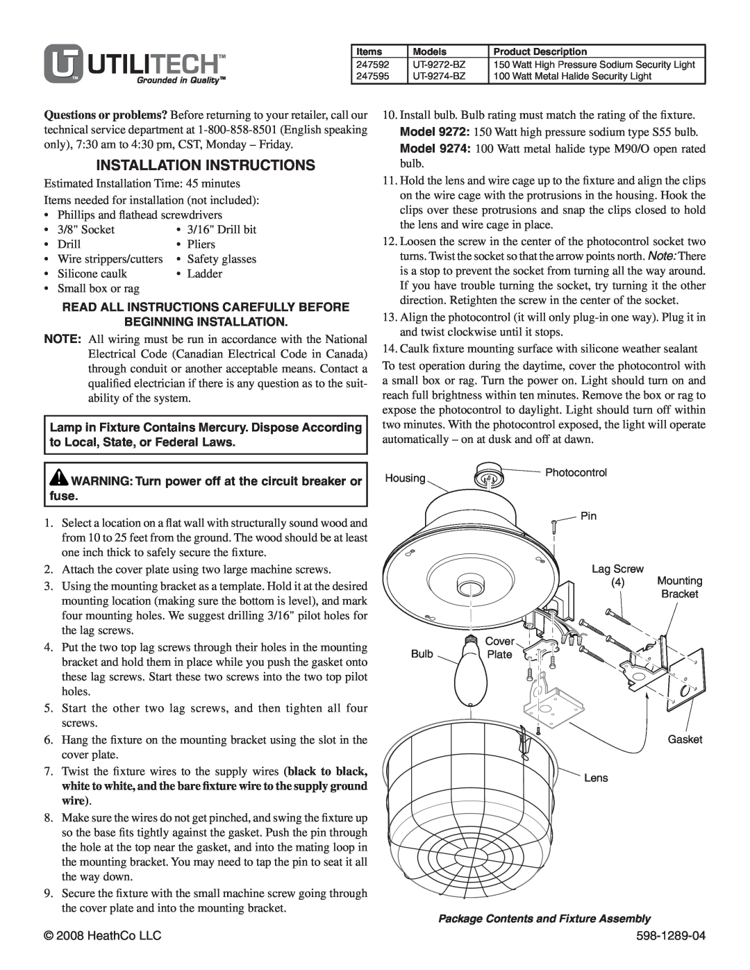 Heath Zenith UT-9272-BZ installation instructions Installation Instructions, Read All Instructions Carefully Before 
