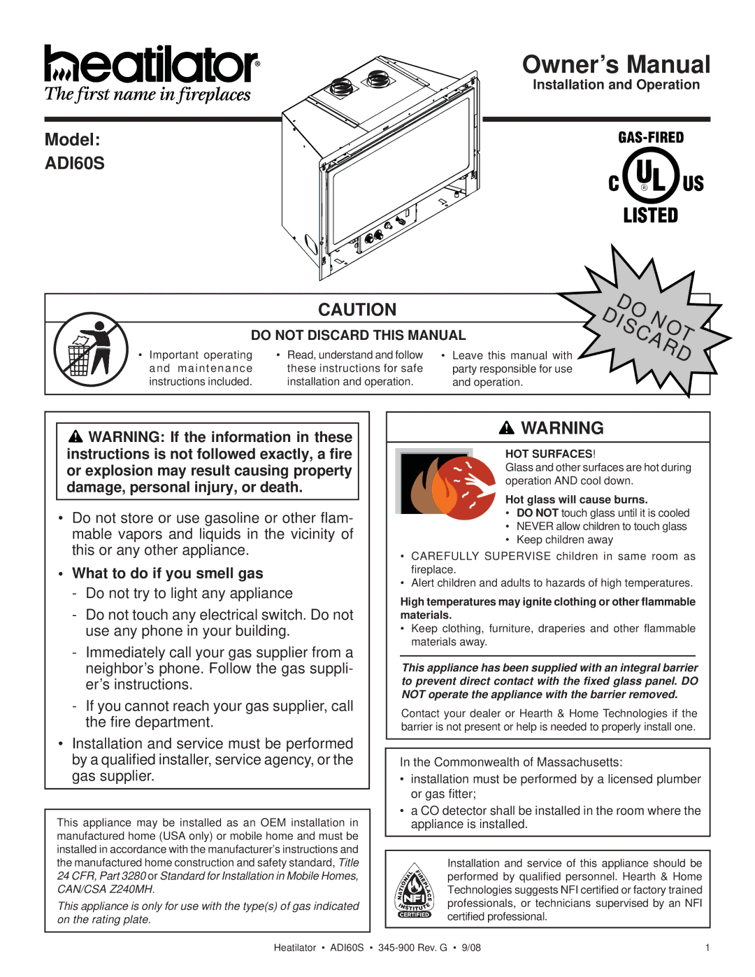 Heatiator ADI60S owner manual Model, What to do if you smell gas, HOT Surfaces 