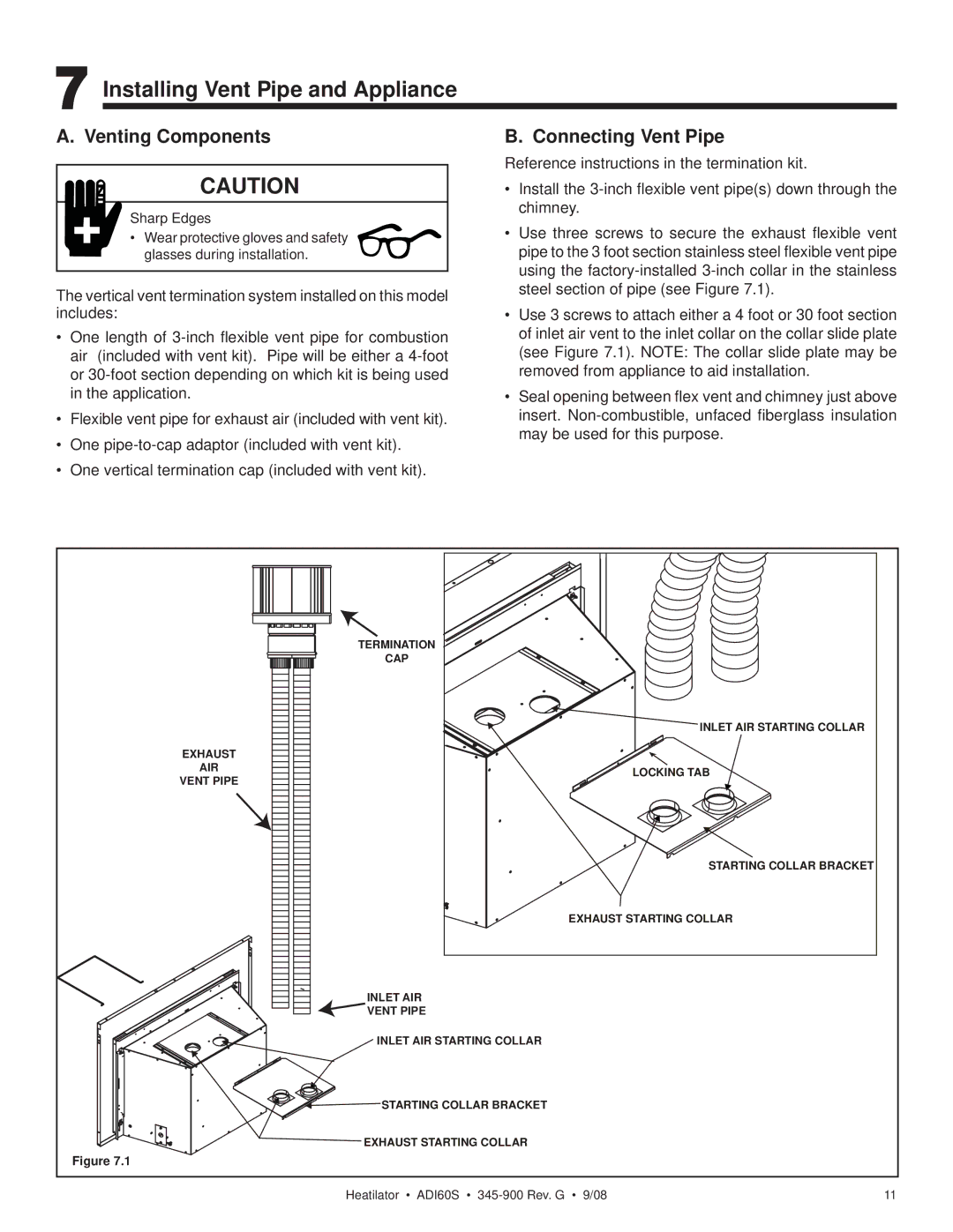 Heatiator ADI60S owner manual Installing Vent Pipe and Appliance, Venting Components, Connecting Vent Pipe 