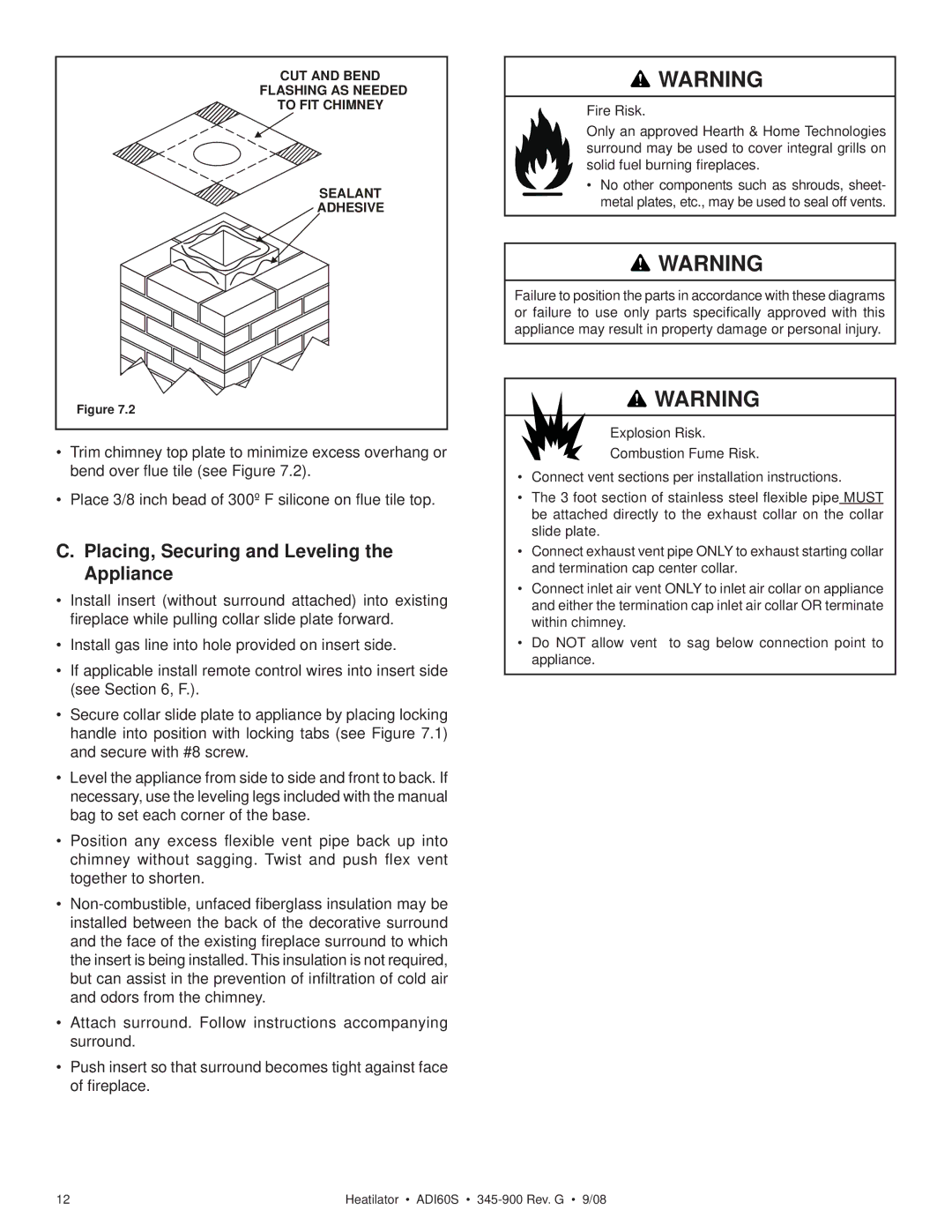 Heatiator ADI60S owner manual Placing, Securing and Leveling the Appliance 