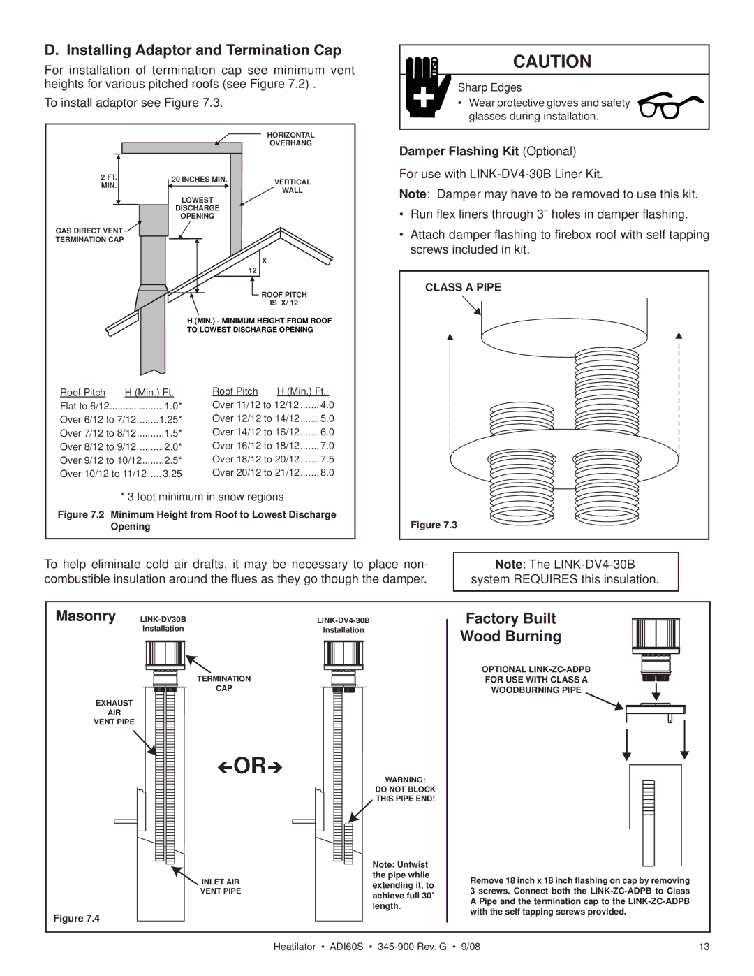 Heatiator ADI60S Installing Adaptor and Termination Cap, Factory Built Wood Burning, Damper Flashing Kit Optional 