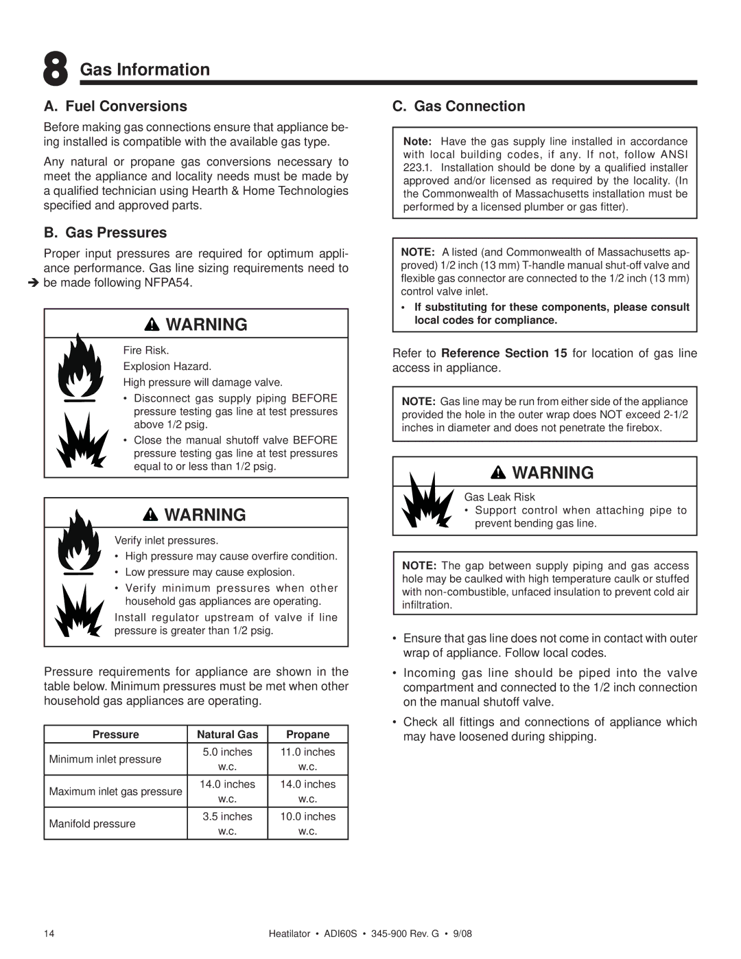 Heatiator ADI60S owner manual Gas Information, Fuel Conversions Gas Connection, Gas Pressures 