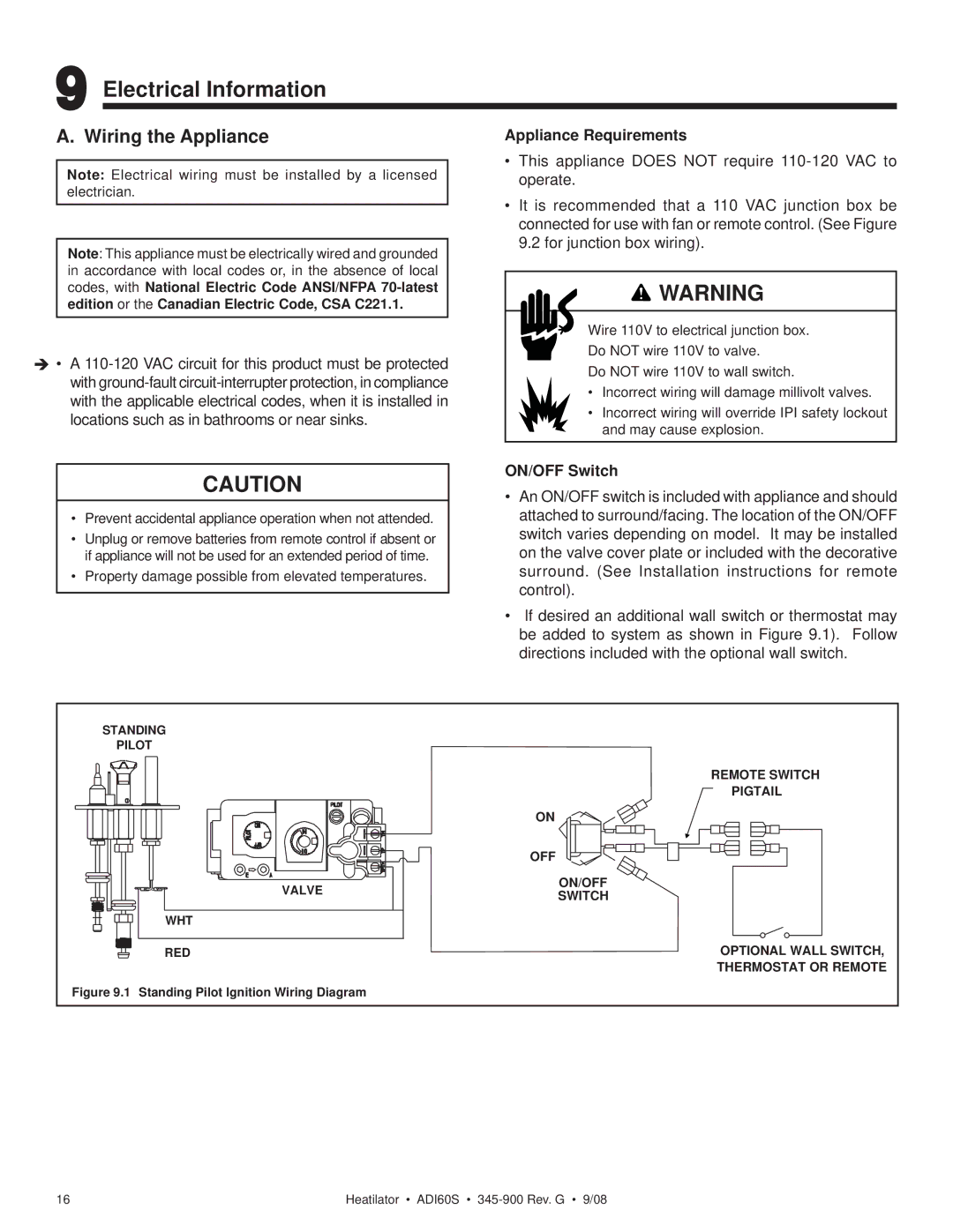 Heatiator ADI60S owner manual Electrical Information, Wiring the Appliance, Appliance Requirements, ON/OFF Switch 